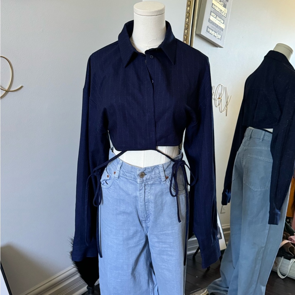 Navy Cropped Button-Up Shirt